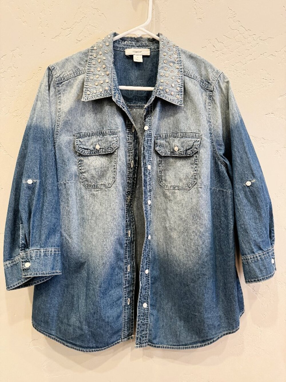 CJ Banks Chambray Denim Studded Collar Button Up Shirt Women's Size X 14W